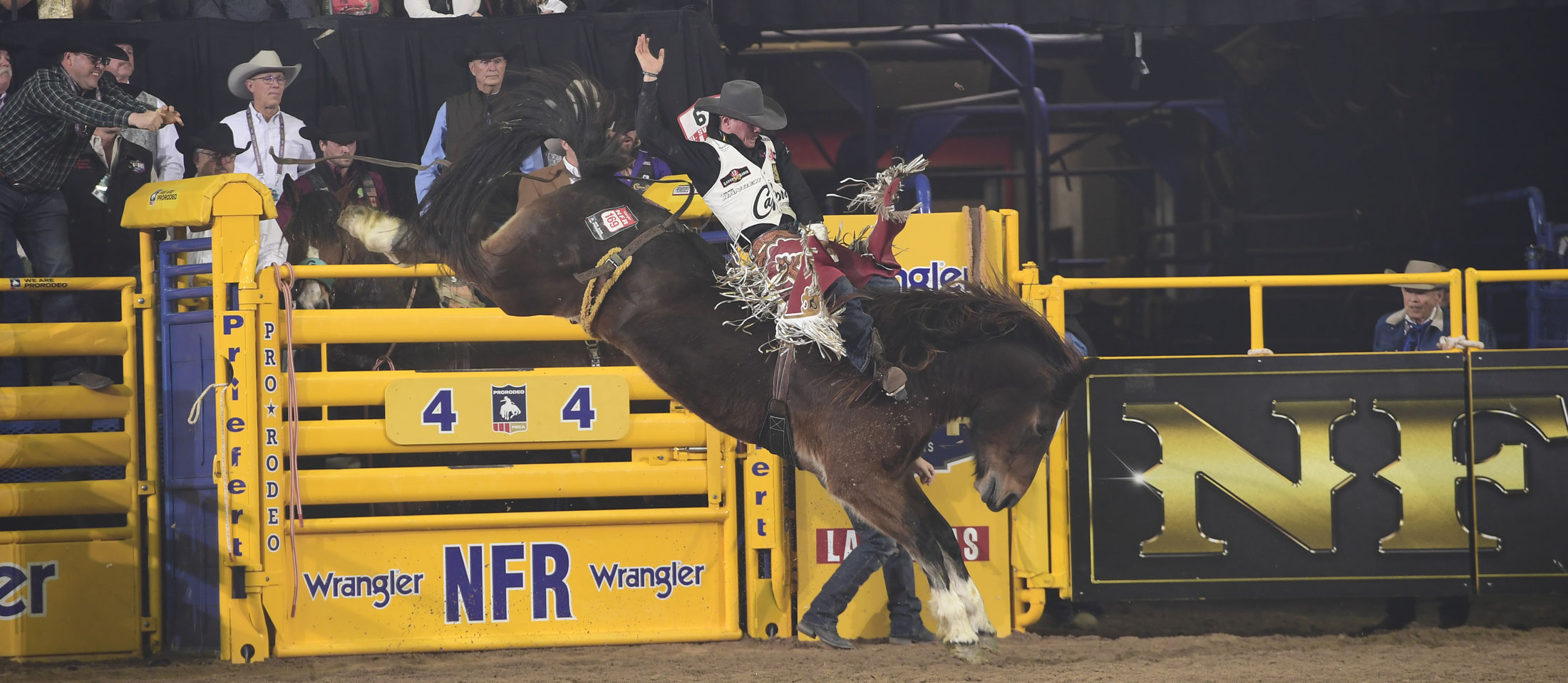 A cowboy Riding a horse at a rodeo.